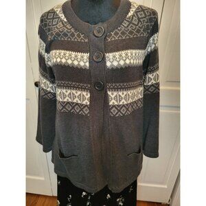 Croft & Barrow Gray Fair Isle Button Up Cardigan L A Line  Pockets Ski Retro